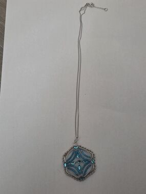 Silver-Tone Necklace with Turquoise Blue Gem Pendant - Women's Jewelry